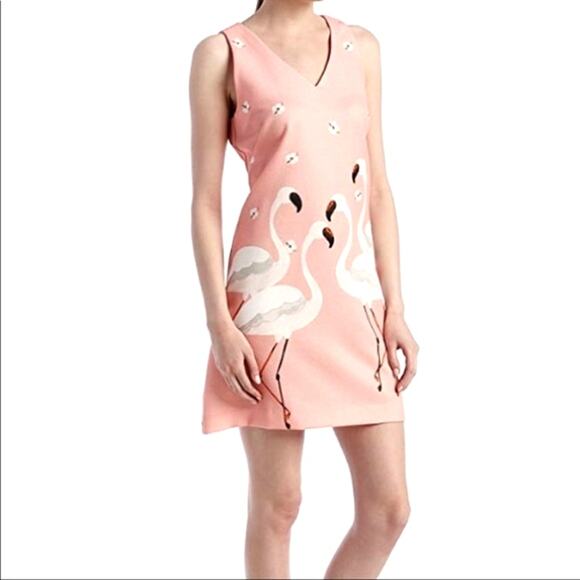 Gabby Skye NWT Salmon Pink Woven Texture Flamingo Novelty Sleeveless Dress - Picture 1 of 15